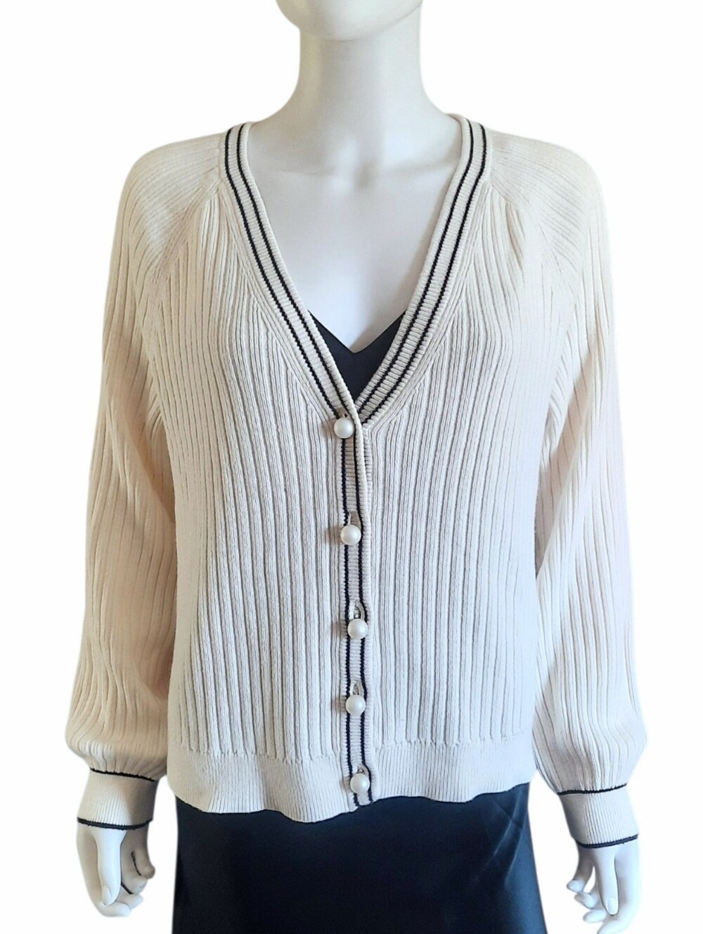 TALBOTS Cream Ribbed V-Neck Sweater Cardigan w/Faux Pearl Buttons & Black Trim M